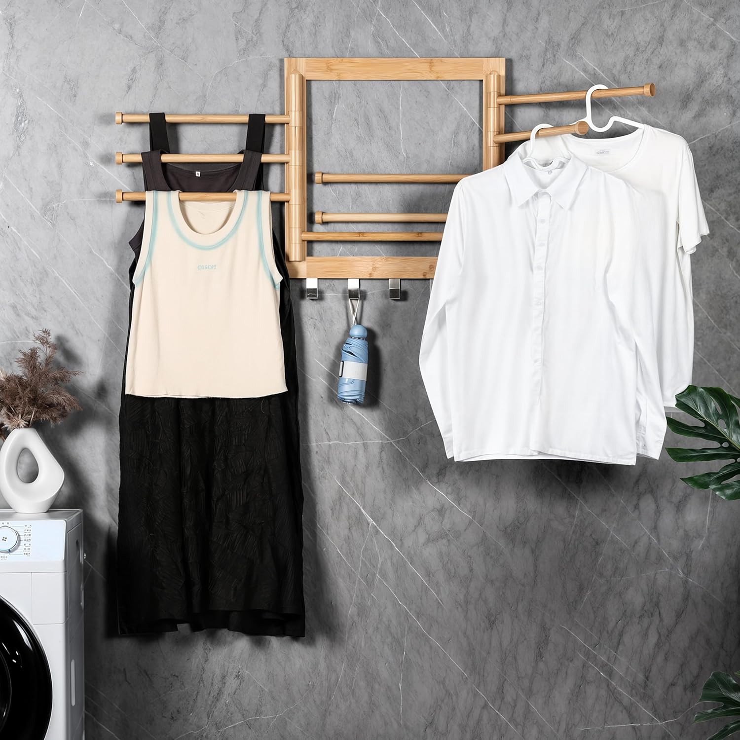 Bamboo Wall Mounted Drying Rack,Clothes Drying Rack Wall Mounted for Laundry(20 INCH),with 5 Hooks 8 arms, 80 lb Capacity.